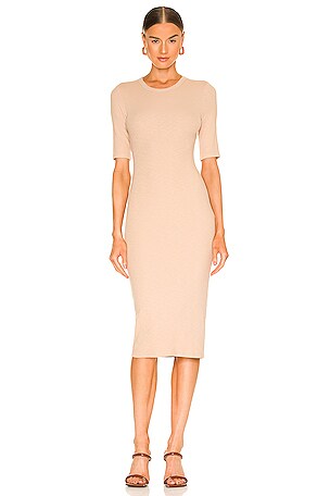 Enza Costa Textured Knit Half Sleeve Midi Dress in Oat Milk | REVOLVE