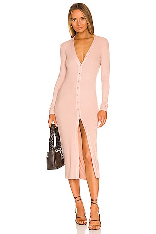 Enza Costa Long Sleeve Cardigan Midi Dress in Dark Nude | REVOLVE