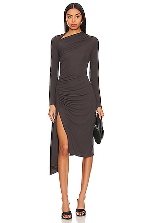 Norma Kamali Turtle Neck Side Drape Gown in Chocolate