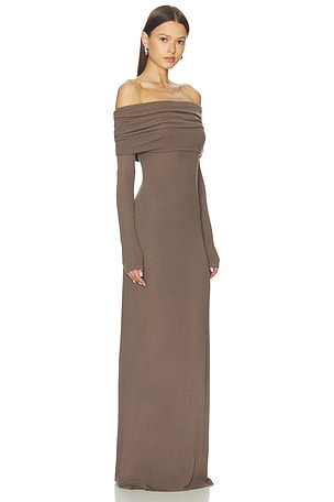 Enza Costa Silk Rib Off Shoulder Fluid Dress in Brown