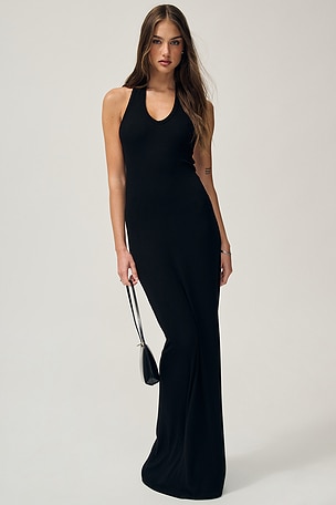 Silk Rib U-neck Halter Fluid Maxi Dress
