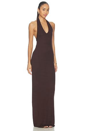 Enza Costa Silk Rib U-neck Halter Fluid Maxi Dress en Chocolat