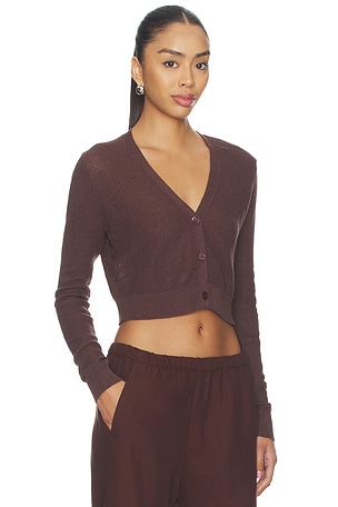Enza Costa Linen Open Knit Cropped V-neck Cardigan in Chocolate