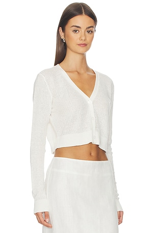 Enza costa cárdigan corto de leno de punto calado con cuello en v en color blanco