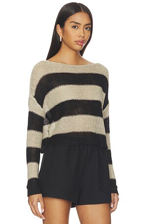 Enza Costa Stripe Linen Bateau Sweater in Black,Beige. Size M. Also