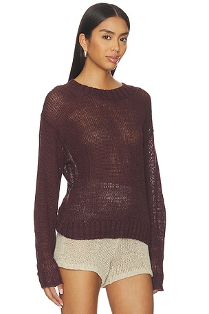 Enza Costa Linen Open Knit Crewneck in Burgundy