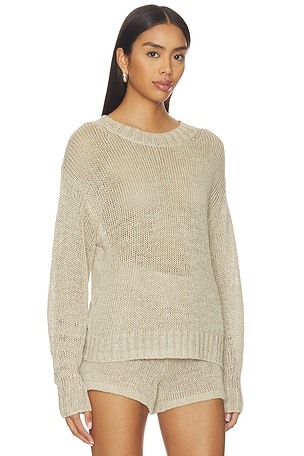 Enza Costa Linen Open Knit Crewneck Sweater in Beige