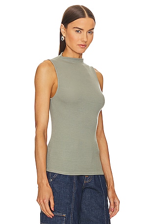 Enza Costa Silk Knit Rib Sleeveless Mockneck in Green