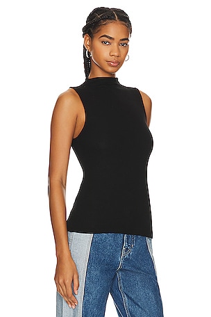 Enza Costa Silk Knit Rib Sleeveless Mockneck in Black