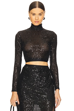 Sequin Cropped Long Sleeve Mock Neck Top Enza Costa