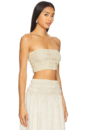 Enza Costa x REVOLVE Textured Satin Smocked Bandeau Top in Ivory
