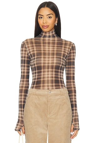 Plaid Mesh Long Sleeve Turtleneck Top Enza Costa