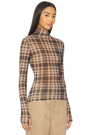 Enza Costa Plaid Mesh Long Sleeve Turtleneck Top in Navy
