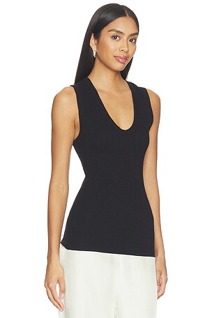 Enza Costa Textured Rib Sleeveless U Top in Black