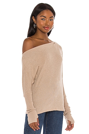 Enza Costa Cashmere Cuffed Off Shoulder Long Sleeve Top in Tan