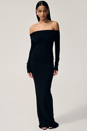 Long Sleeve Off-Shoulder Butter Rib Maxi Dress Eterne