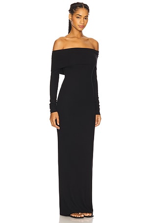 Eterne Long Sleeve Off-Shoulder Butter Rib Maxi Dress in Black