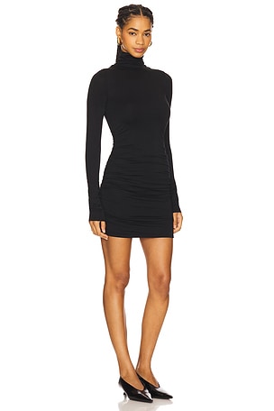 Eterne Long Sleeve Ruched Turtleneck Soft Jersey Mini Dress in Black
