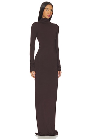 Eterne Long Sleeve Turtleneck Soft Jersey Maxi Dress in Brown