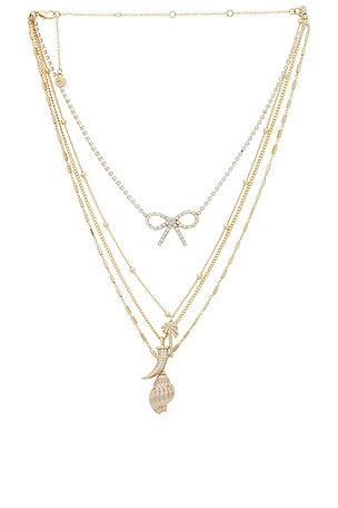 Crystal Bow Layered Necklace With Shell Charms Ettika