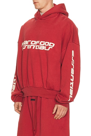 Fear of God ESSENTIALS Cropped Relaxed Hoodie in Red. Size XXL/2X. Also
