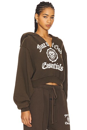 Fear of God ESSENTIALS Cropped V-Neck Hoodie in Brown