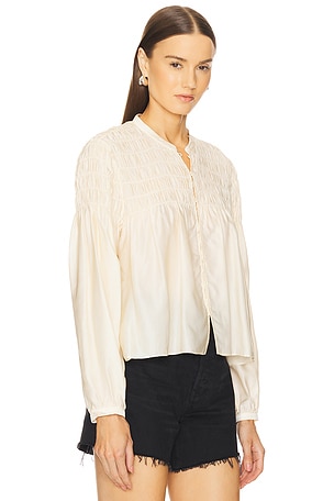 FRAME Smocked Collarless Blouse in Ivory