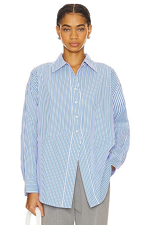 RESTOCKED ~ The Mika Shirt in Blue + White Stripe. Outfit details tagged in  the pic. #Agolde #AnineBing #BestSeller