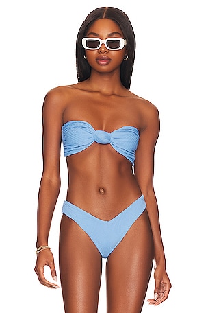 Luli Fama Wavy Baby Asymmetric Ring Bikini Top in Caribe Blue