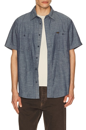 Filson Embroidered Chambray Shirt in Blue. Size L. Also