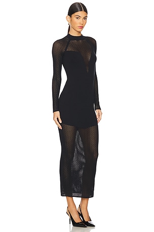 fleur du mal Knit Mesh Long Sleeve Maxi Dress in Black