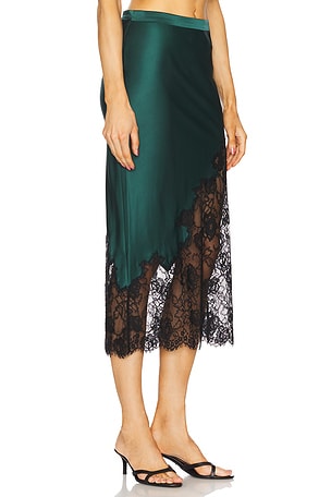 fleur du mal Silk And Lace Scallop Midi Skirt in Dark Green