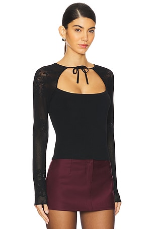 fleur du mal Lace Pointelle Knit Decollette Top in Black