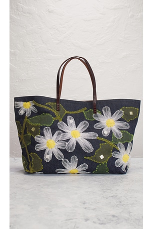 FWRD Renew Fendi Denim Flower Embroidered Tote Bag in Dark Green