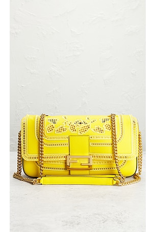 FWRD Renew Fendi Embroidered Leather Shoulder Bag in Yellow