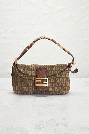 FWRD Renew Fendi Zucchino Mama Baguette Shoulder Bag in Beige