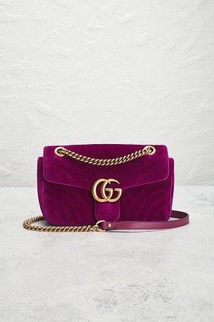 FWRD Renew Gucci Velvet GG Marmont Shoulder Bag in Fuchsia