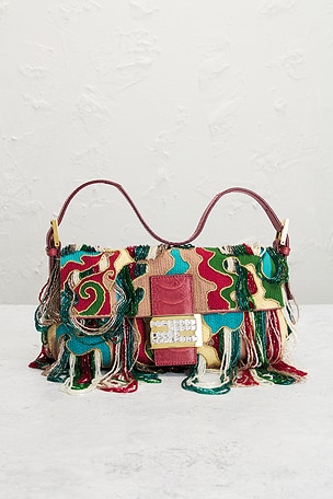 FWRD Renew Fendi Beaded Fringe Baguette Shoulder Bag in Blue,Burgundy