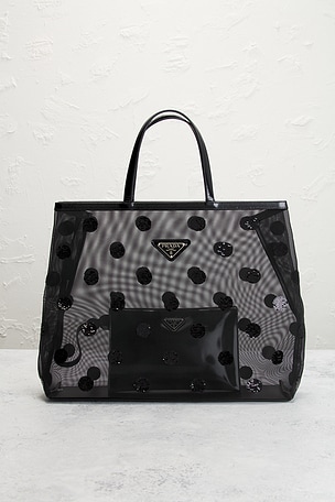 FWRD Renew Prada Mesh Sequin Polka Dot Tote Bag in Black