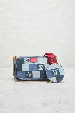 FWRD Renew Louis Vuitton Denim Patchwork Pochette Accessoires Shoulder Bag in Blue