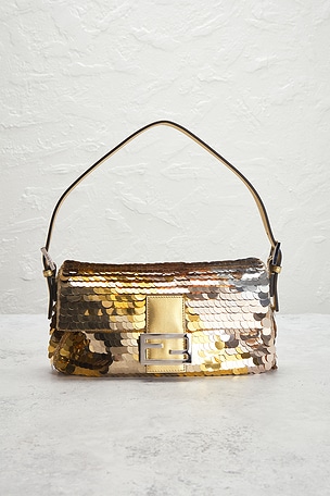 FWRD Renew Fendi Sequin Paillettes Vitello Laminato Baguette Shoulder Bag in Metallic Gold