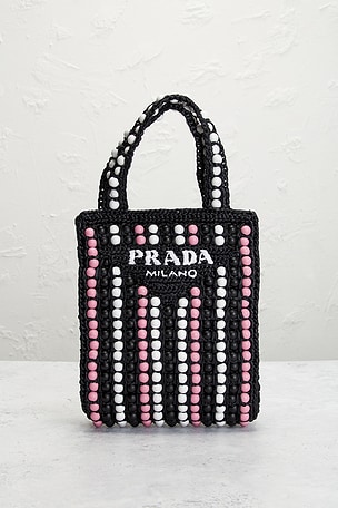 FWRD Renew Prada Wood Beaded Raffia Tote Bag in Black