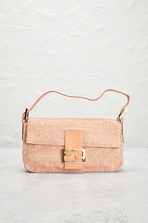 FWRD Renew Fendi Lizard Trimmed Beaded Baguette Shoulder Bag in Peach