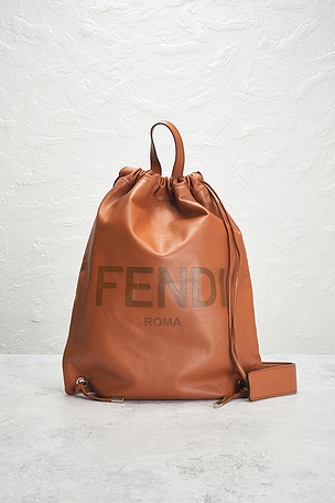 FWRD Renew Fendi Logo Embossed Drawstring Backpack in Brown