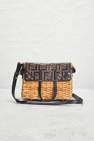FWRD Renew Fendi Wicker FF Mini Flip Shoulder Bag in Brown