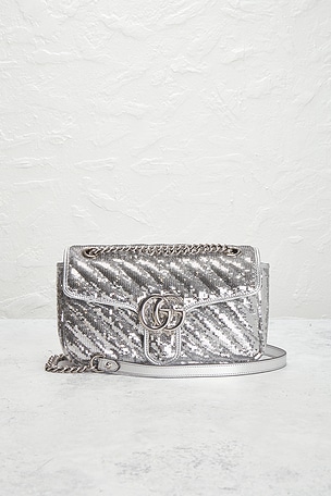 FWRD Renew Gucci GG Marmont Shoulder Bag in Metallic Silver