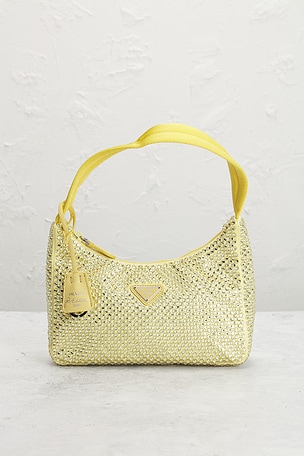 FWRD Renew Prada Crystal Embellished Re-Edition 2000 Shoulder Bag in Metallic Gold