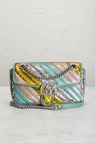 FWRD Renew Gucci Sequin GG Marmont Shoulder Bag in Metallic Silver,Teal