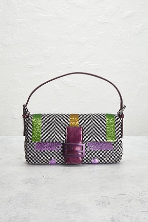 FWRD Renew Fendi Embroidered Tweed Baguette Shoulder Bag in Black,White