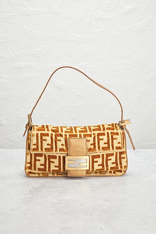 FWRD Renew Fendi FF Embossed Velvet Baguette Shoulder Bag in Metallic Gold